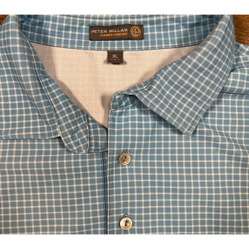 Peter Millar Men's‎ Summer Comfort Polo Golf Shirt Blue All Over Plaid Men's XL